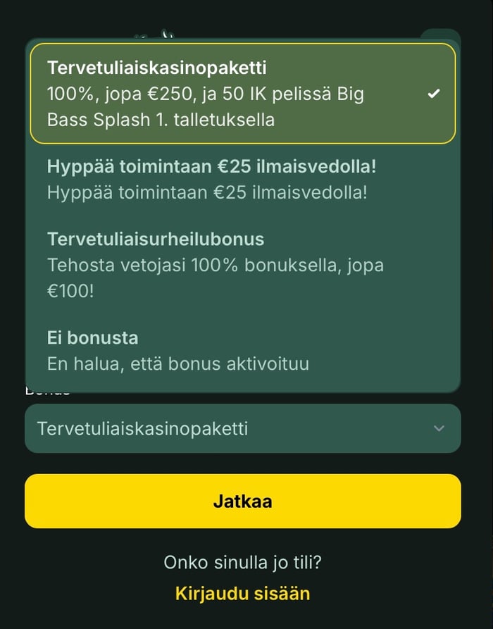SpinStag Casinolla on kolme tervetulobonusta, joista valitaan yksi ennen talletusta.