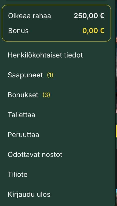 Pääsin kotiuttamaan pelaamalla saamistani voitoista vain 250 € bonuksen voittokaton takia.