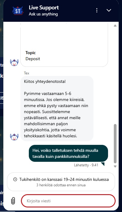 Spintexas Casinon livecahat vastaa pelaajan talletustapoja koskevaan kysymykseen.