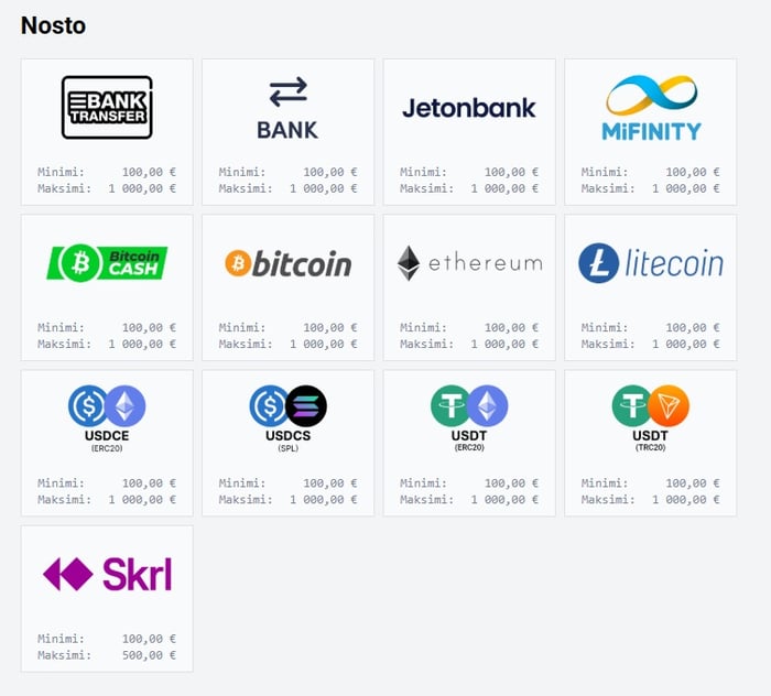 Spintexas Casino nosto tapahtuu pankkisiirrolla, nettilompakoilla tai kryptovaluutoilla.