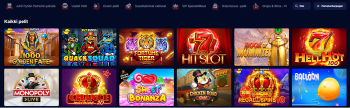 Spintexas Casinon pelivalikoimasta löytyvät kaikki suomalaisten suosimat pelit, kuten Monopoly Live, Sweet Bonanza ja Hell Hot.