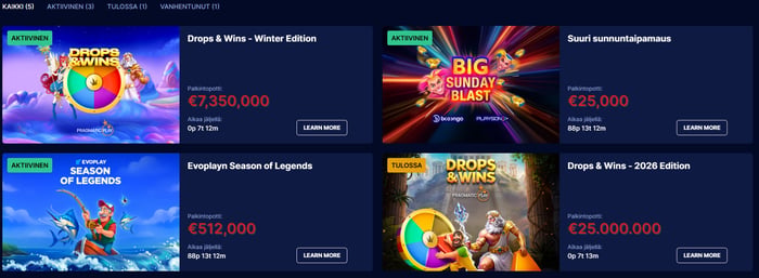 Spintexas Casino turnaukset käyttävät Pragmatic Playn ja Evolayn pelejä käteispalkintojen jakamiseen.