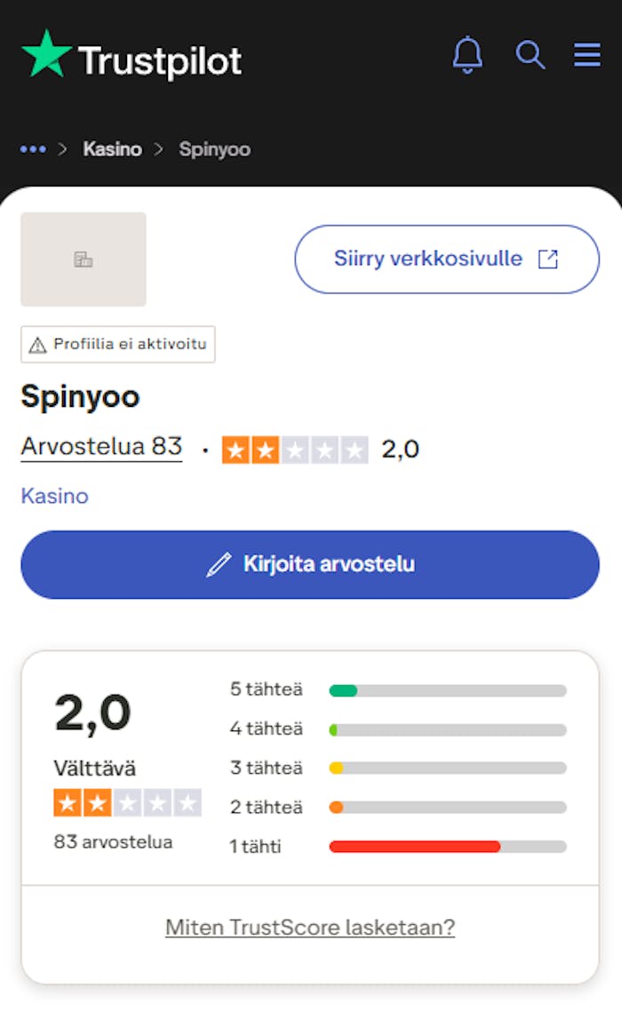 Yhteenveto Spinyoo kasinon Trustpilot-arvosteluista.