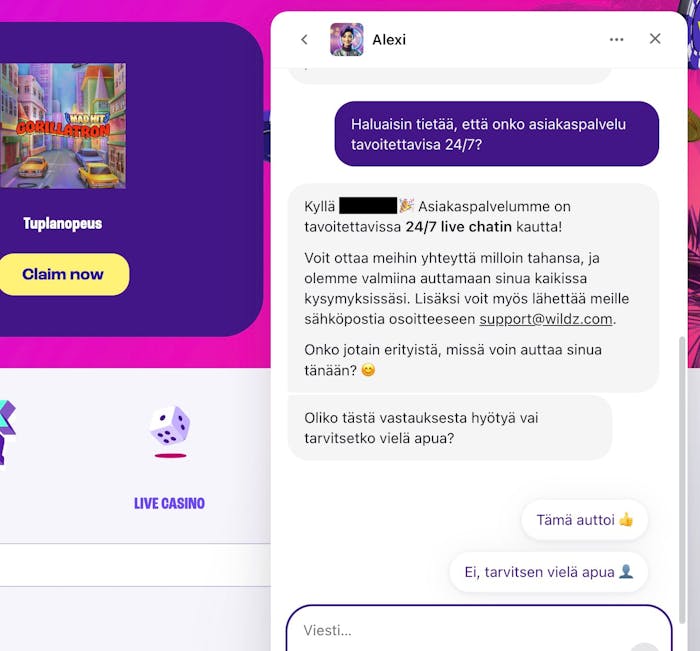 Spinz live-chatissa apua saa botilta ja oikealta ihmiselt?