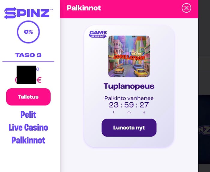 Tuplanopeus p?iv?n peliin palkintona Spinz pelitilill?
