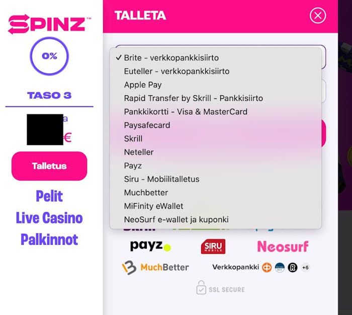 Spinz casino tarjoaa useita suomalaisille pelaajille sopivia maksutapoja