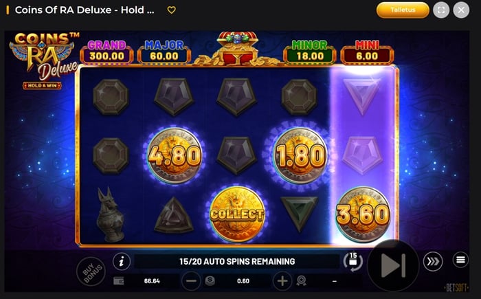 Coins of RA Deluxe - Hold & Win -kolikkopelin ruutukaappaus, jossa rullilla näkyy kolikko- ja keräilysymboleita sekä tieto 15 jäljellä olevasta automaattikierroksesta 0,60 euron panoksella.