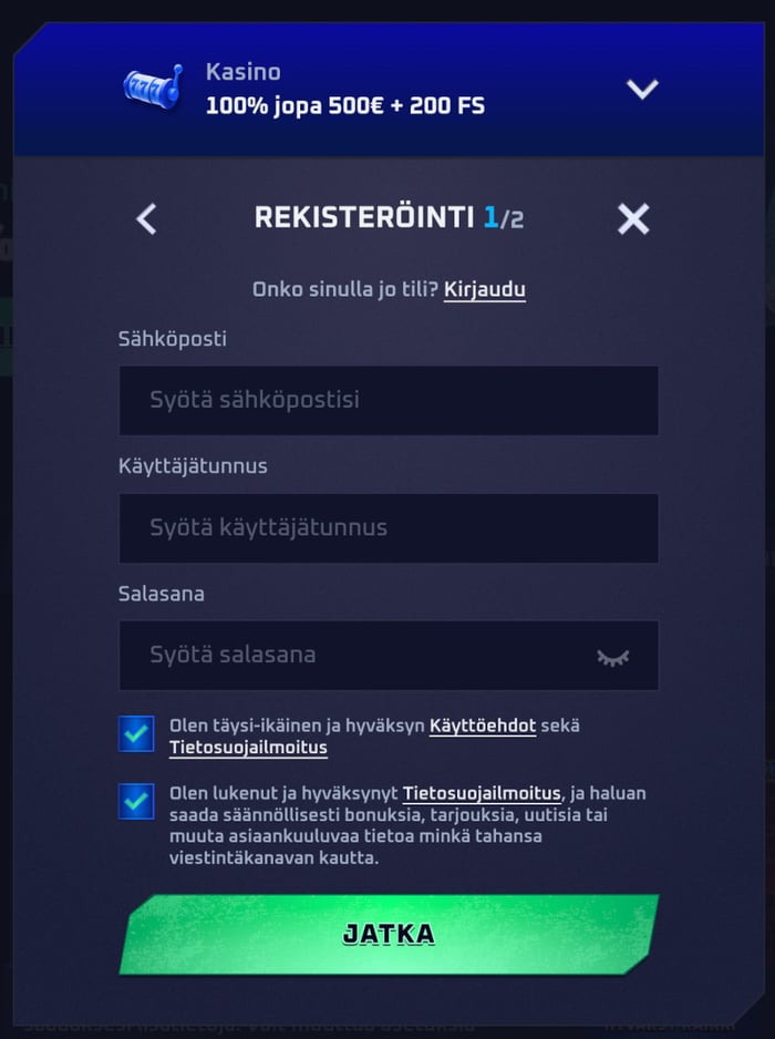 Sportaza Casinon rekisteröitymislomake