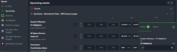 Sports Bet Casino tarjoaa useita vedonly?ntikohteita, kuten Kuopion Palloseuran ottelut.