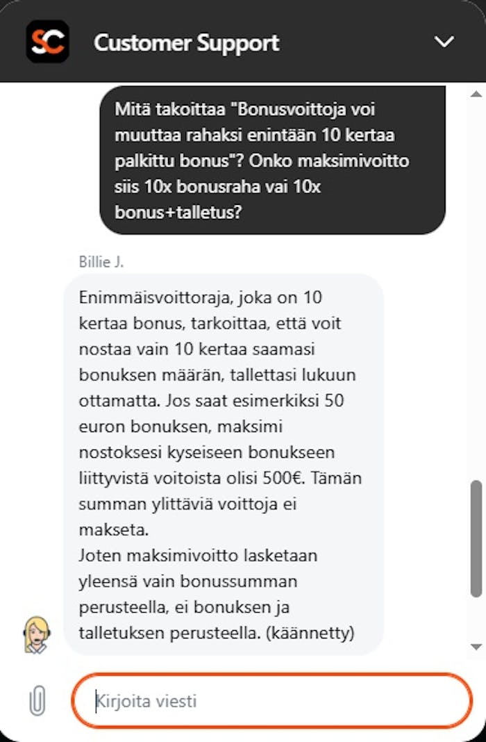 Sportsceneterbetting asiakaspalvelija vastaa suomeksi käännösrobotin kautta