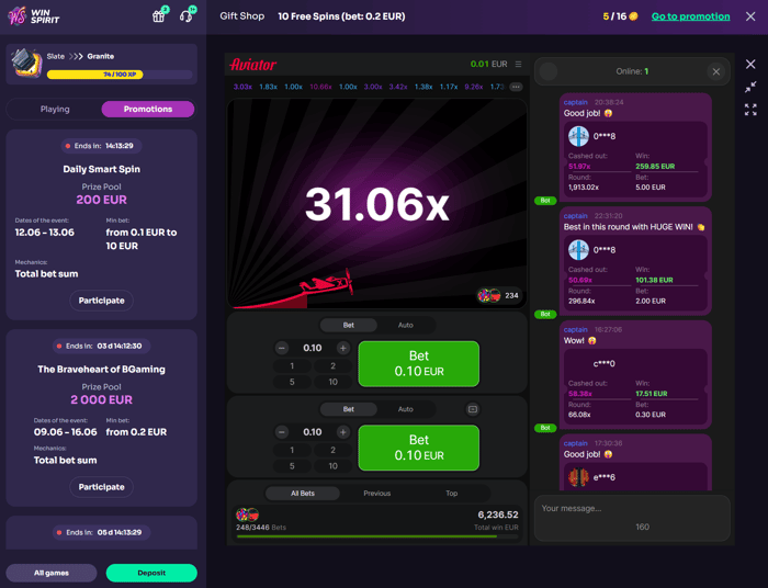 WinSpirit Casino Aviator crash-peli, kerroin 31,06x, minimipanos 0,10 € ja 234 pelaajaa mukana samassa kierroksessa.