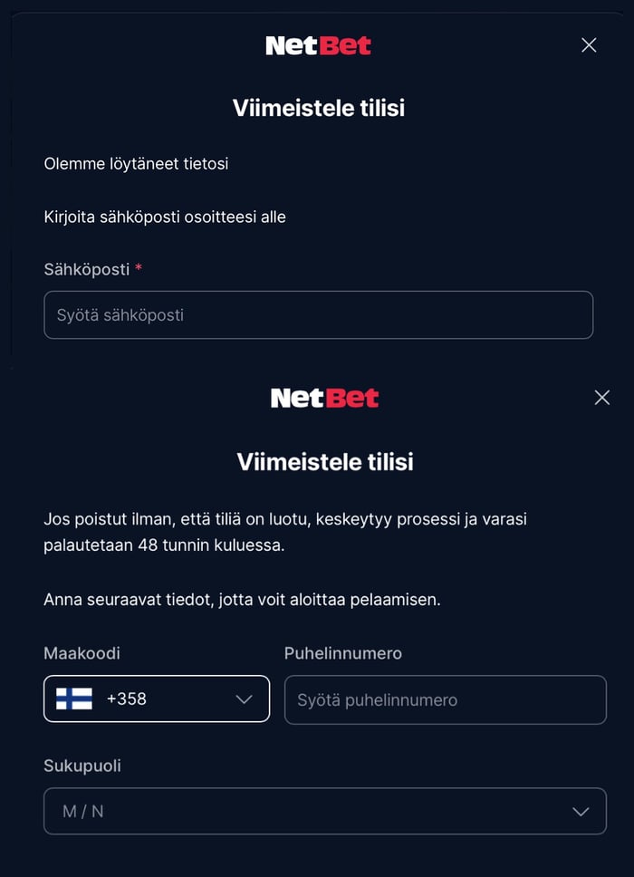 NetBet kasinon tilin luominen viimeistellään syöttämällä sähköposti ja puhelinnumero.
