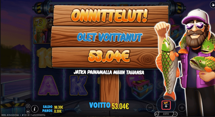 Kuva, jossa näkyy 53,04 € voitto Big Bass Blast -pelin ilmaiskierroksilla.