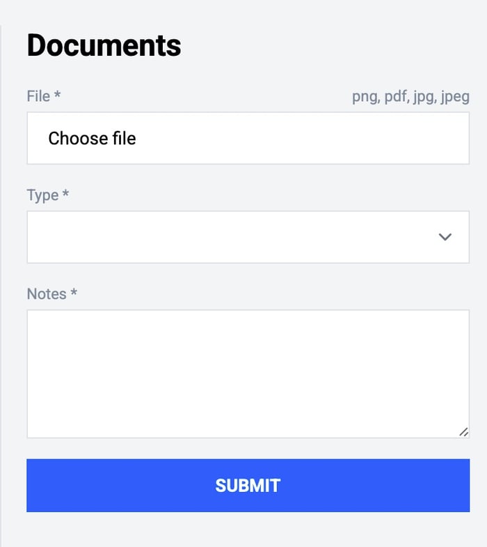 Luna Lootsin Documents-osio KYC-asiakirjojen latausta varten.