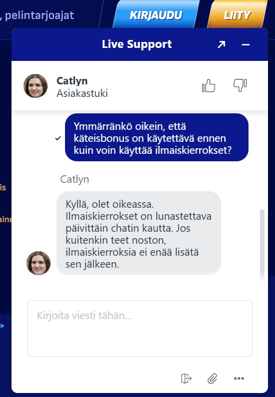 Wonacon live-chat vahvistaa, että ilmaiskierrokset on lunastettava päivittäin chatin kautta.