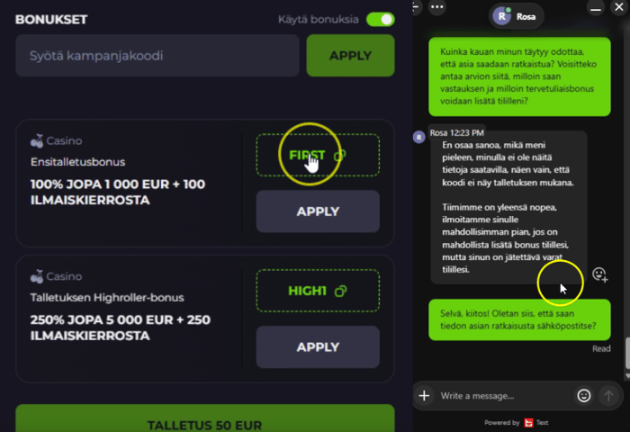 Drakaris Casinon bonukset ja bonuskoodi FIRST: ensitalletusbonus 100 % jopa 1 000 € + 100 ilmaiskierrosta sekä livechat bonuksen hyvittämisestä.