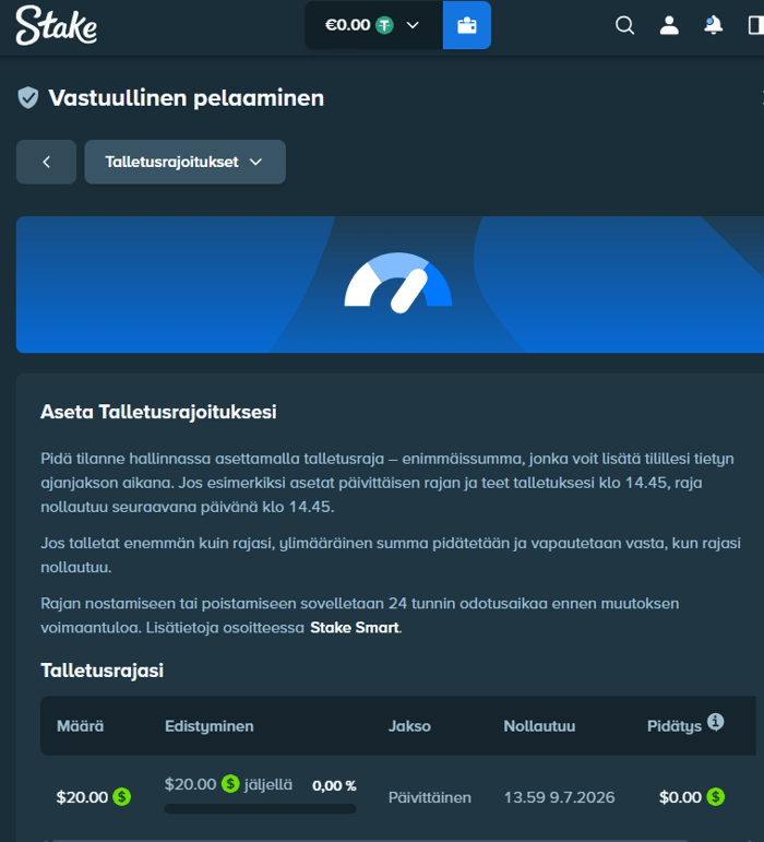 Vastuullisen pelaamisen rajoitukset ja asetetut talletusrajat Stakella.