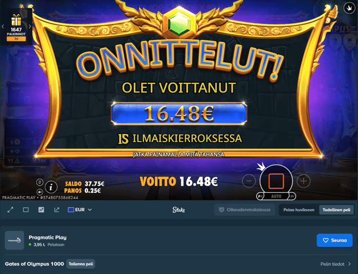 16,48 euro voitto Gates of Olympus 1000 -pelist´Stake kasinolla.