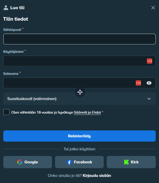 Staken rekisteröitymislomake, johon täytetään sähköposti, käyttäjänimi sekä salasana.