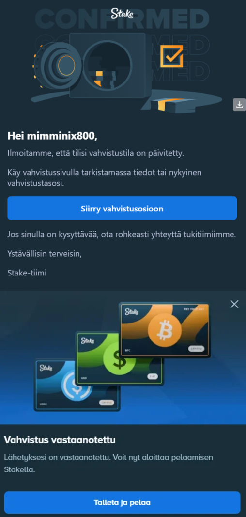 Ilmoitus Stakelta, että henkilöllisyyden vahvistus on vastaanotettu.