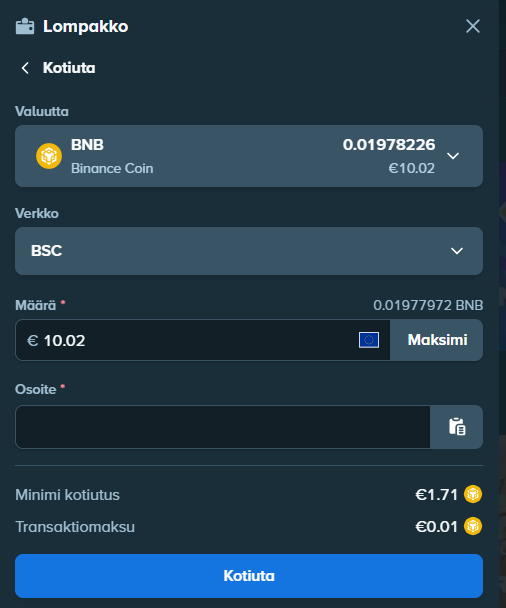 Lompakon kotiutusosio Stake Casinolla.