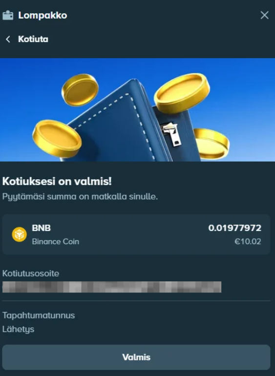 Kotiutuksen vahvistus Stake-kasinolla.