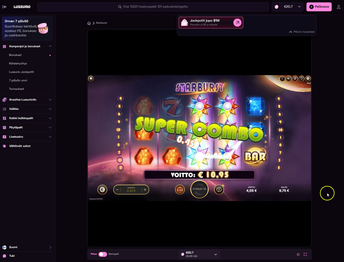 Starburst-pelissä sain keskisuuria voittoja, ja se täytti hyvin kierrätysvaatimusta.