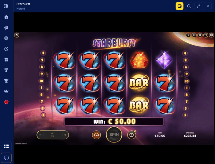 Fiesta Slotsin Starburst-kolikkopeli, jossa 2 € panoksella tuli 50 € voitto.