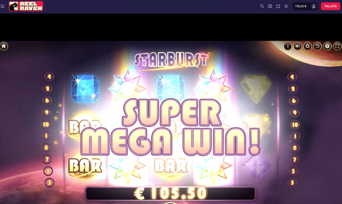 Starburst-pelin voitto Reel Raven Casinolla kahdella Wild-symbolilla.