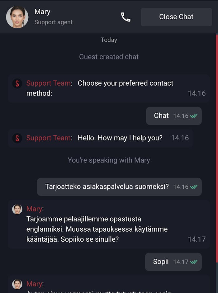 Starda Casinon asiakaspalvelu toimii englanniksi tai suomeksi k??nn?sty?kalun avustamana.