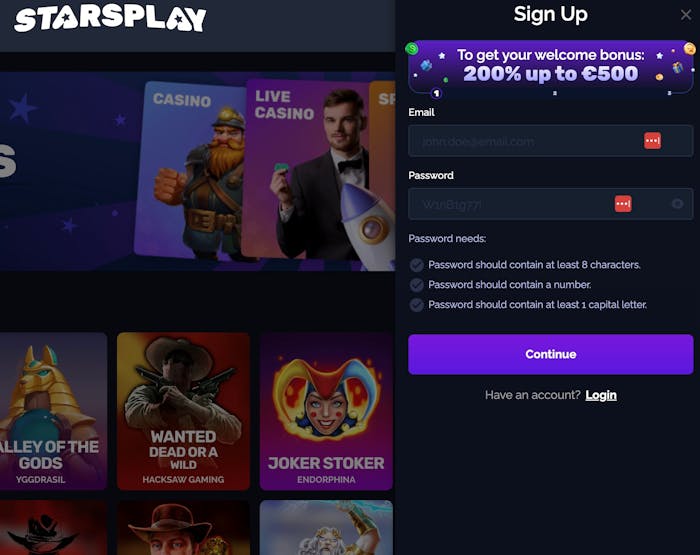 Rekisteröityminen Stars Play casinolle