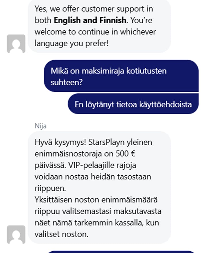 Starsplay aloittaa keskustelun englanniksi, mutta apua sai myös suomeksi