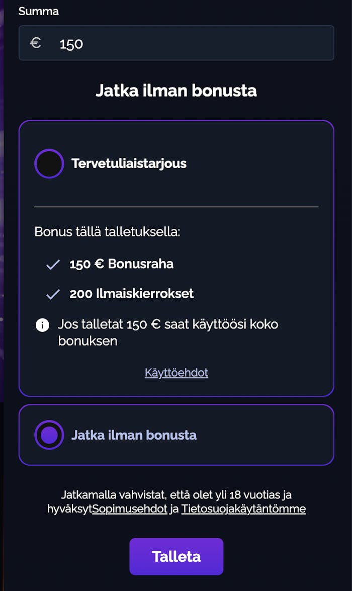 Valitse haluatko bonuksen pelaamisen alkuun Starsplay kasinolla