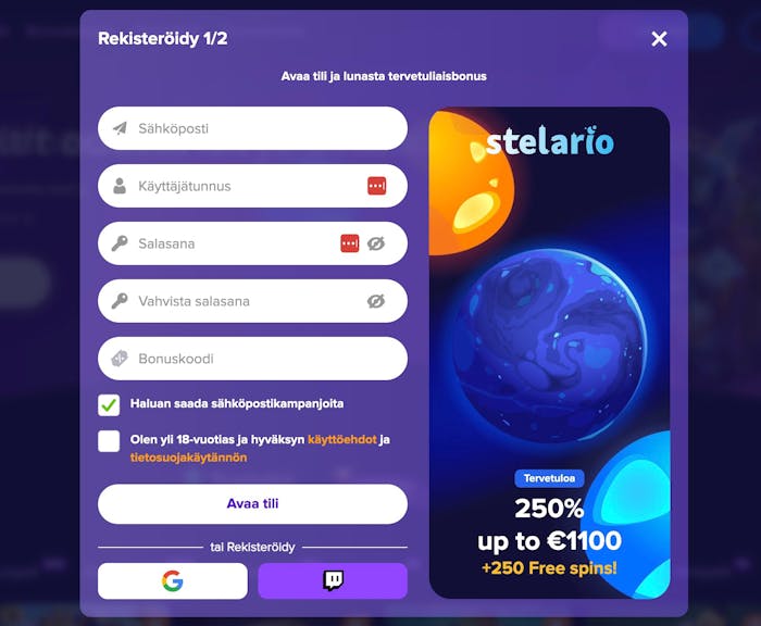 Stelario Casinolle voi rekisteröityä lomakkeella, Google-tilillä tai Twitchin kautta