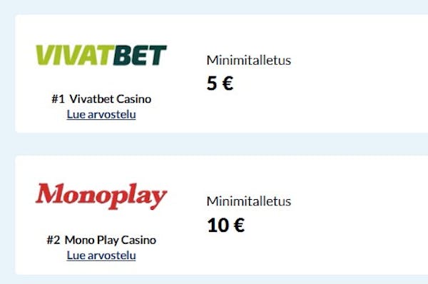 Kuva näyttää Kasinohain kasinolistalta kahden kasinon minimitalletusvaatimukset