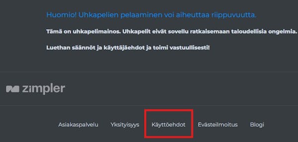 Kuva näyttää Käyttöehdot-kohdan kasinosivuston alalaidassa