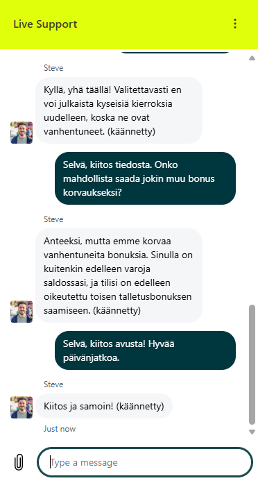 Chat-vastaus suomeksi käännettynä: vanhentuneita ilmaiskierroksia ei voi aktivoida uudelleen, mutta tili on oikeutettu toiseen talletusbonukseen.