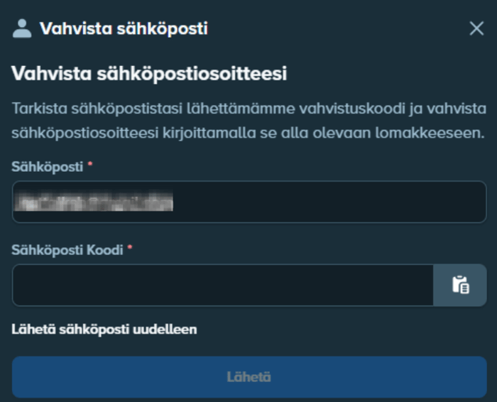 Sähköpostin vahvistus kuusinumeroisella koodilla Stakella.