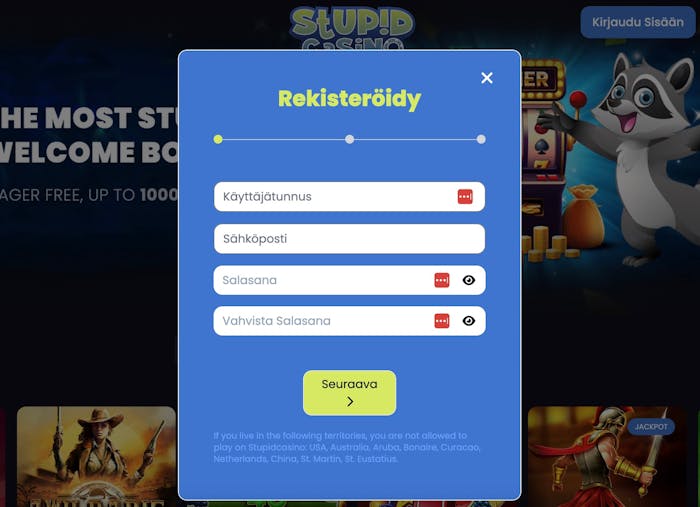 Stupid Casinon rekisteröitymislomake