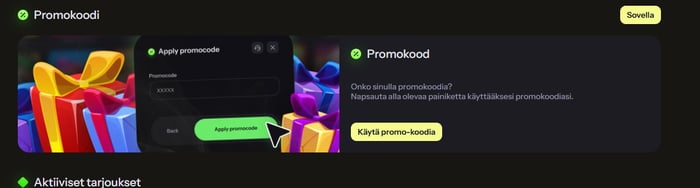 Sunnybet Casinon osio promokoodeille.
