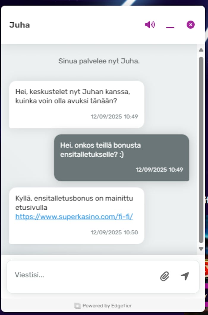 Superkasinon live-chat, jossa suomenkielistä keskustelua Juhan kanssa.