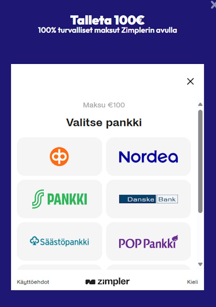 Superkasinolle talletus Zimplerin kautta, muutama suomalainen pankki listattuna.