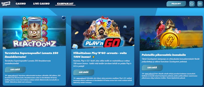 Super Nopea Casino tarjoaa tervetulobonuksen jälkeen vain pelivalmistajien turnauksia.