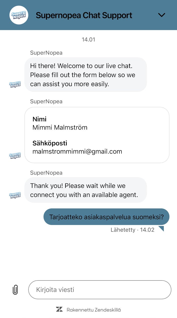 Super Nopea Casinon asiakaspalvelu ei ole nopea, enkä itse saanut vastausta chatissa edes tunnin jonottamisella.