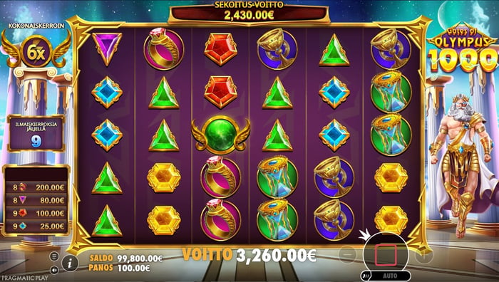 Pelasin Gates of olympus 100 -slottia Super Onni Casinolla ja sain 3 260 euron voiton.
