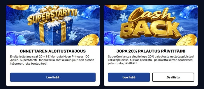 Super Onni Casinolla on aloitustarjous ja 20 % päivittäinen palautus.