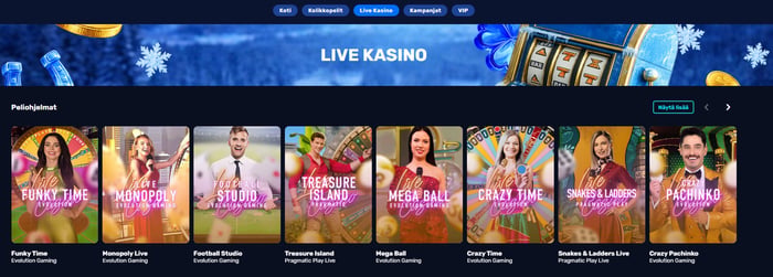 Super Onni Casinon live-puolelta löytyy useita Evolutionin game show -pelejä.