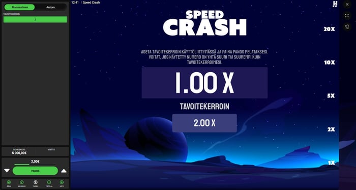 Super Onni Casinolla on 12 crash-peliä, kuten Speed Crash, jossa reaktionopeus vaikuttaa voittoon.