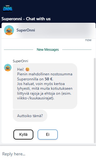 Super Onni Casinon live vastaa miniminostoa koskevaan kysymykseen.