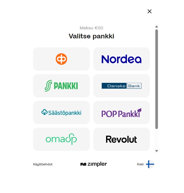 Super Onni Casino pyysi valitsemaan pankin valmiilta listalta. Mukana muun muassa Nordea, Op ja Revolut.